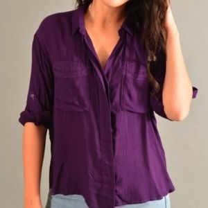 Bella Dahl Split Back Button Front Roll Tab Sleeve Purple Top Size XS